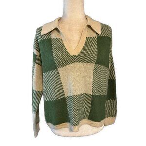 Lost & Wander Green Cream Checked Long Sleeve Cardigan Sweater Xs Small
